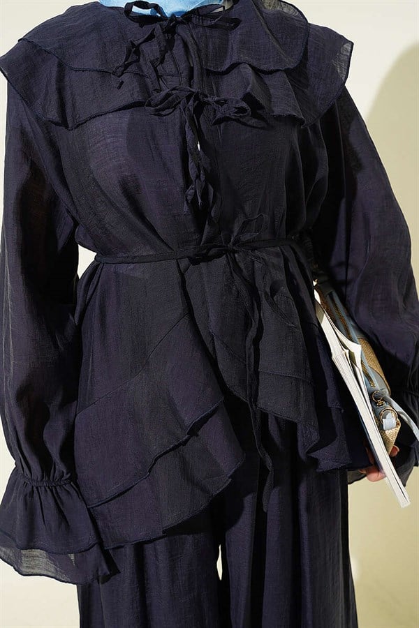 Layered Collar, Lace-Up, Ruffled 2 Piece Set, Navy Blue