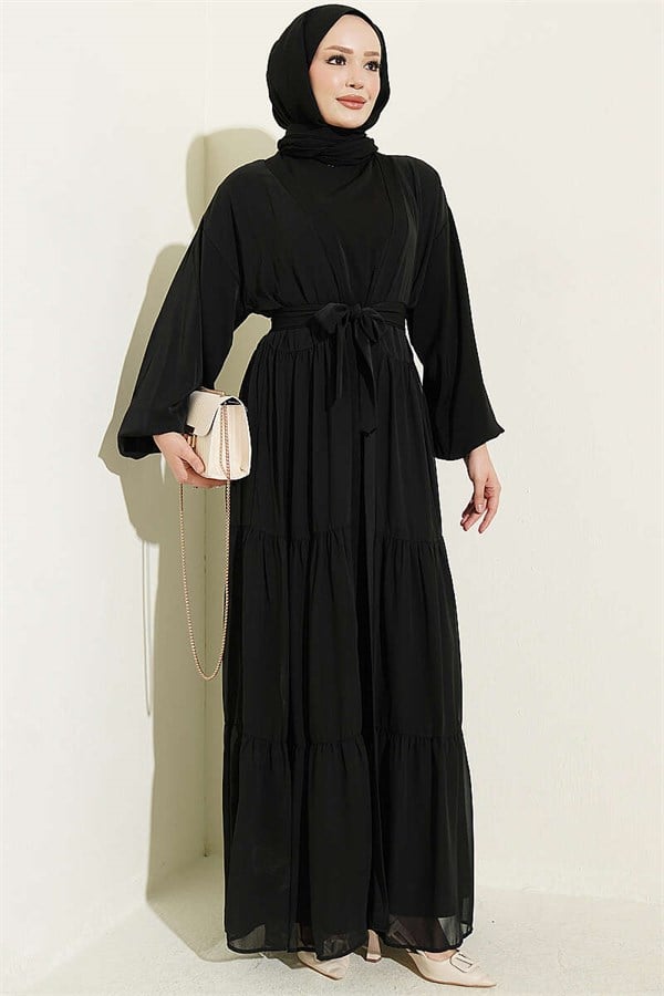 Layered Two-Piece Abaya 2 Piece Set Black