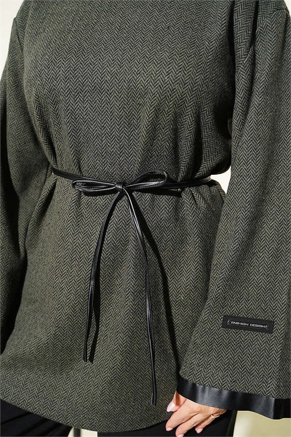Houndstooth Leather Drawstring Tunic with Trim, Khaki
