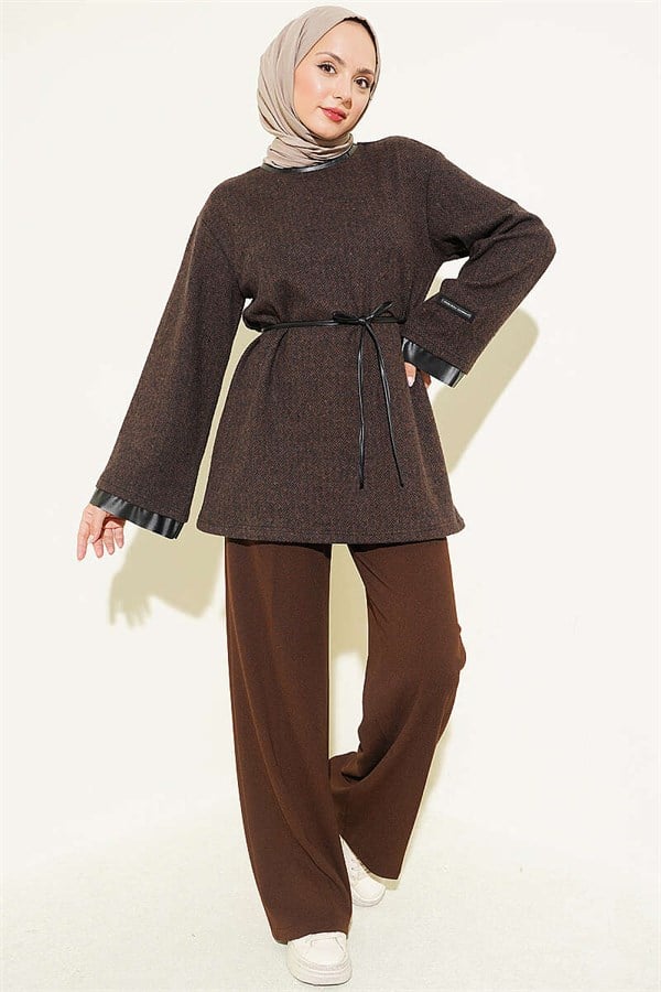 Houndstooth Leather Drawstring Tunic with Trim, Brown