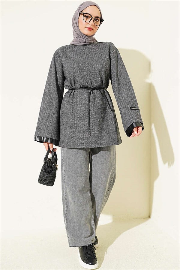 Houndstooth Leather Drawstring Tunic with Trim, Smoke Grey