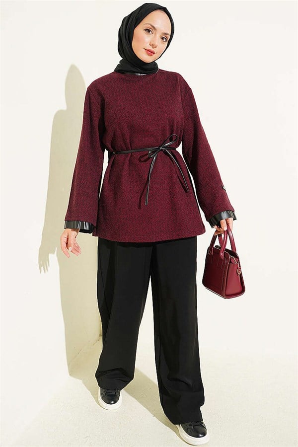 Houndstooth Leather Drawstring Trimmed Tunic, Burgundy