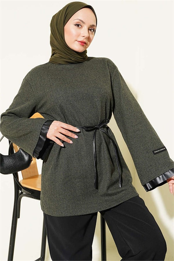 Houndstooth Leather Drawstring Tunic with Trim, Khaki
