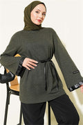 Houndstooth Leather Drawstring Tunic with Trim, Khaki