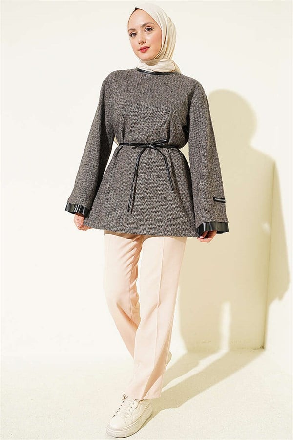 Houndstooth Leather Tunic with Drawstring Trim and Trim, Beige