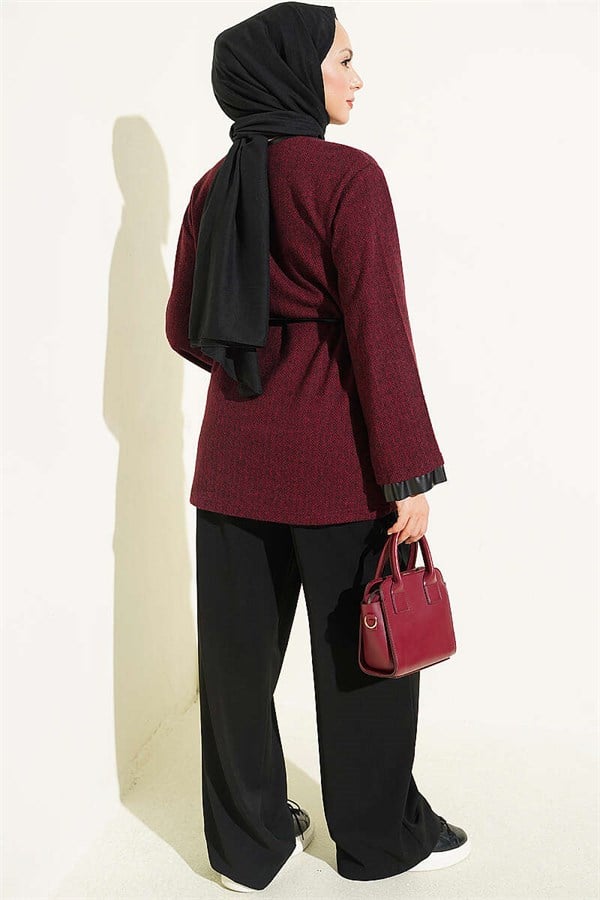 Houndstooth Leather Drawstring Trimmed Tunic, Burgundy