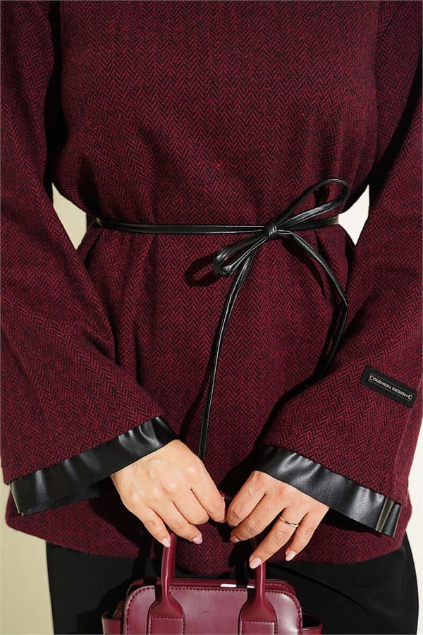 Houndstooth Leather Drawstring Trimmed Tunic, Burgundy