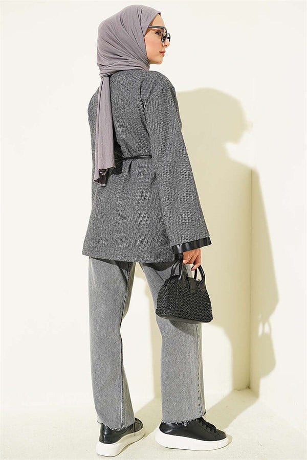 Houndstooth Leather Drawstring Tunic with Trim, Smoke Grey
