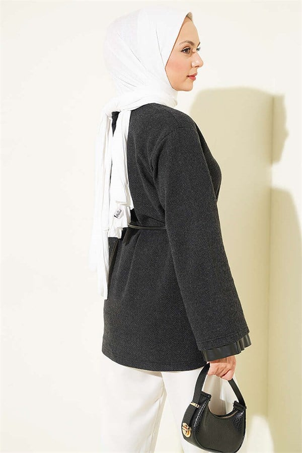 Houndstooth Leather Drawstring Tunic with Trim, Anthracite