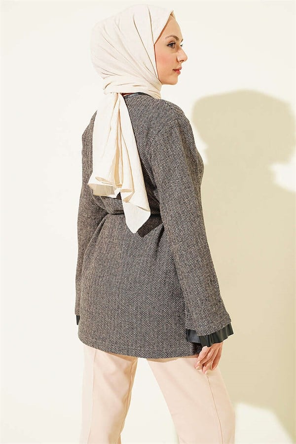 Houndstooth Leather Tunic with Drawstring Trim and Trim, Beige