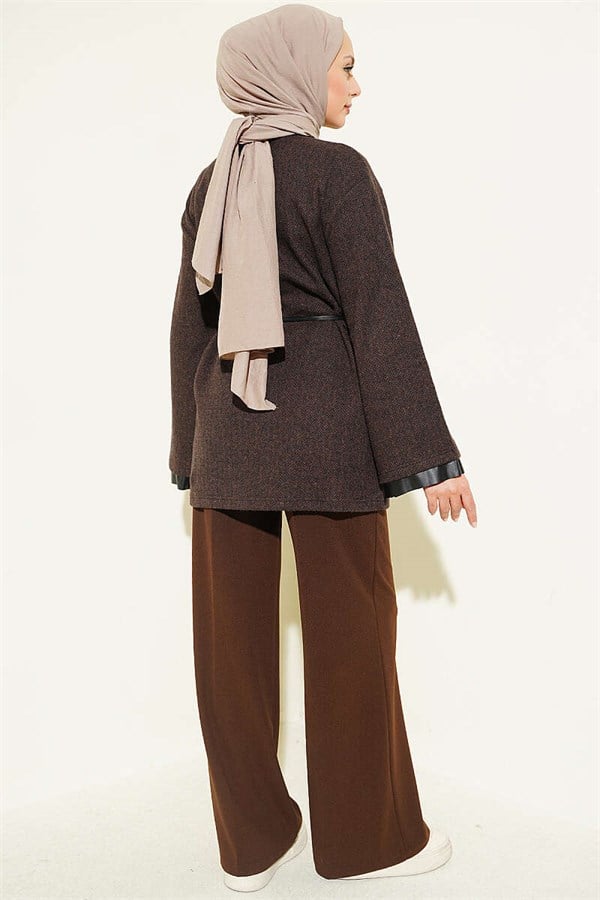 Houndstooth Leather Drawstring Tunic with Trim, Brown