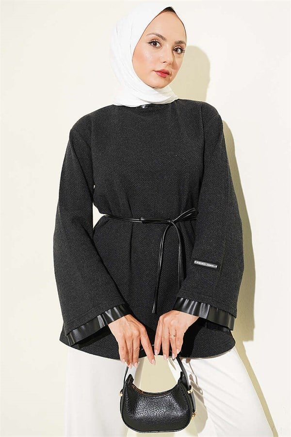 Houndstooth Leather Drawstring Tunic with Trim, Anthracite