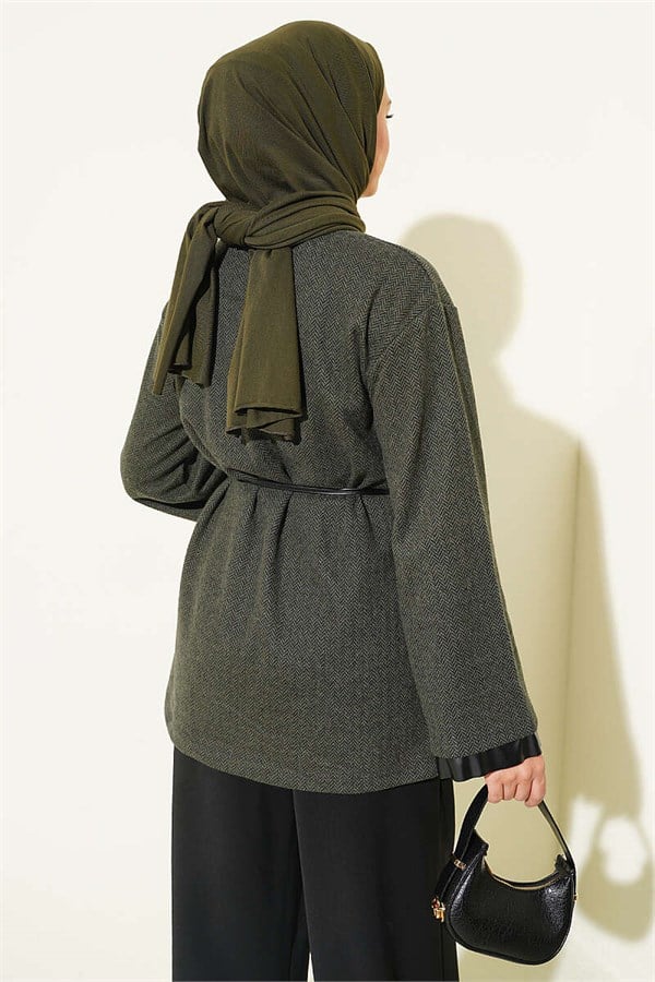 Houndstooth Leather Drawstring Tunic with Trim, Khaki