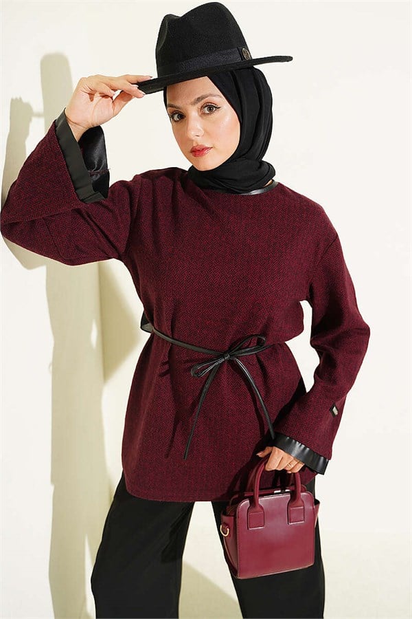 Houndstooth Leather Drawstring Trimmed Tunic, Burgundy