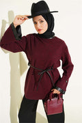 Houndstooth Leather Drawstring Trimmed Tunic, Burgundy