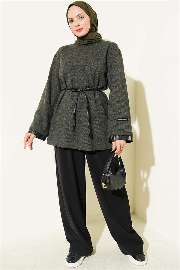 Houndstooth Leather Drawstring Tunic with Trim, Khaki