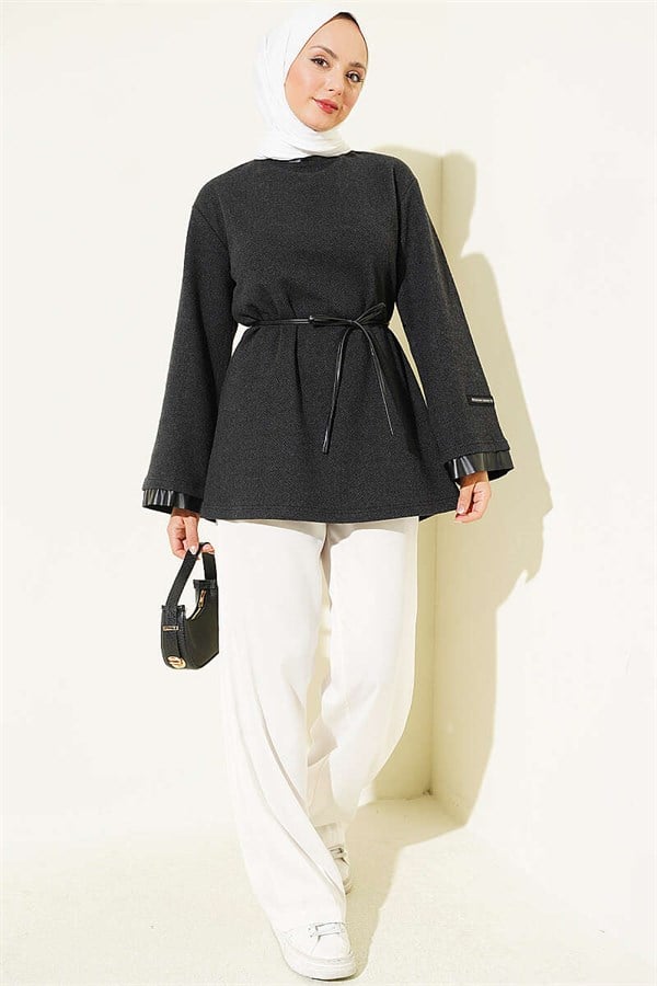 Houndstooth Leather Drawstring Tunic with Trim, Anthracite