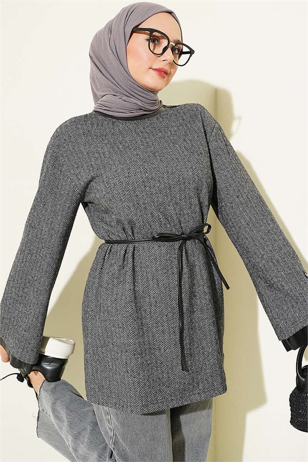 Houndstooth Leather Drawstring Tunic with Trim, Smoke Grey