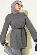 Houndstooth Leather Drawstring Tunic with Trim, Smoke Grey