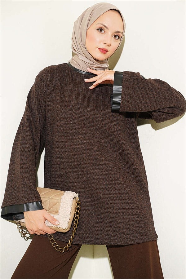 Houndstooth Leather Drawstring Tunic with Trim, Brown