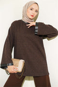 Houndstooth Leather Drawstring Tunic with Trim, Brown