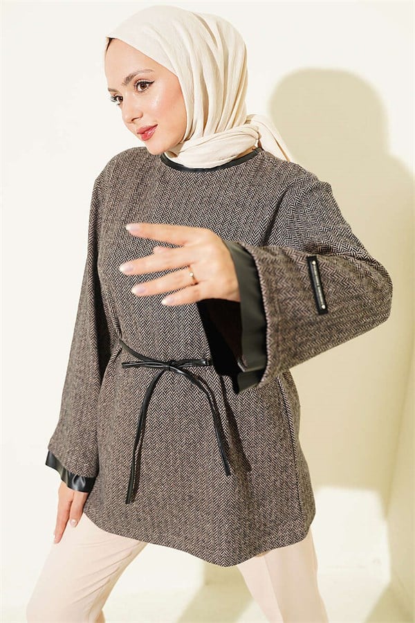 Houndstooth Leather Tunic with Drawstring Trim and Trim, Beige