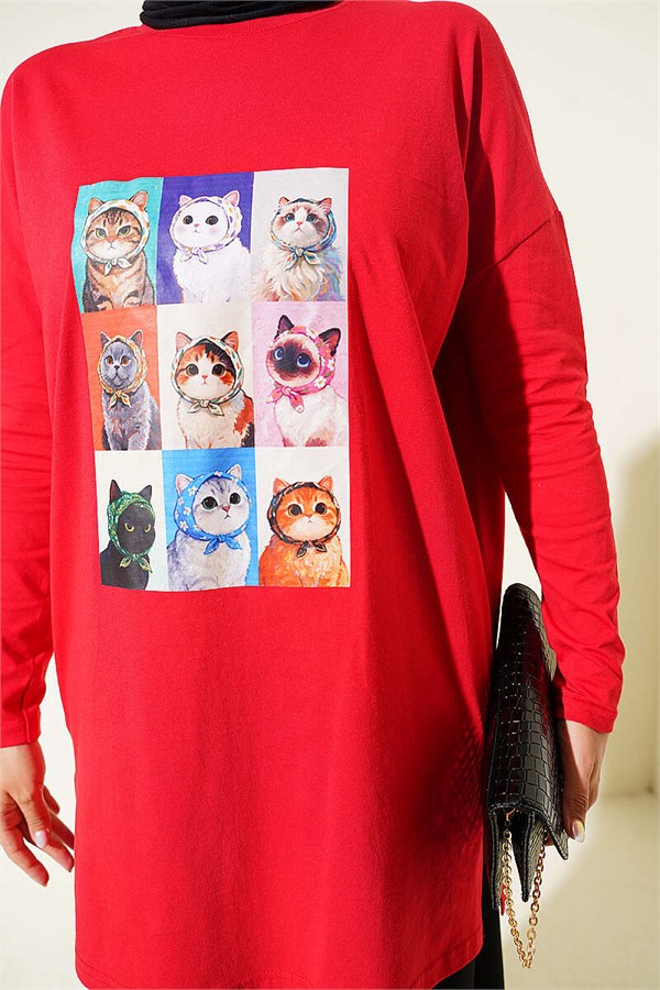 Cat Print Tunic Red