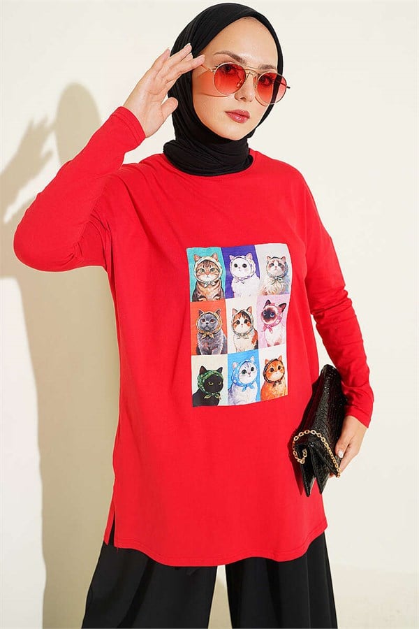 Cat Print Tunic Red