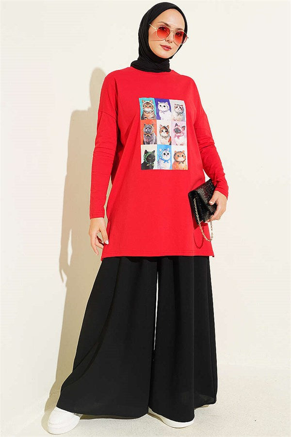 Cat Print Tunic Red