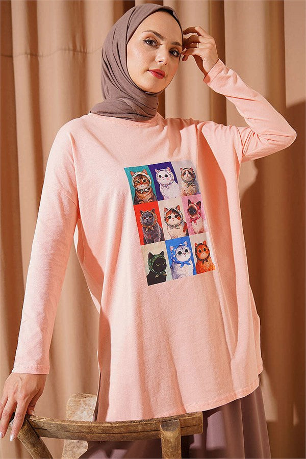 Cat Print Tunic Powder Pink