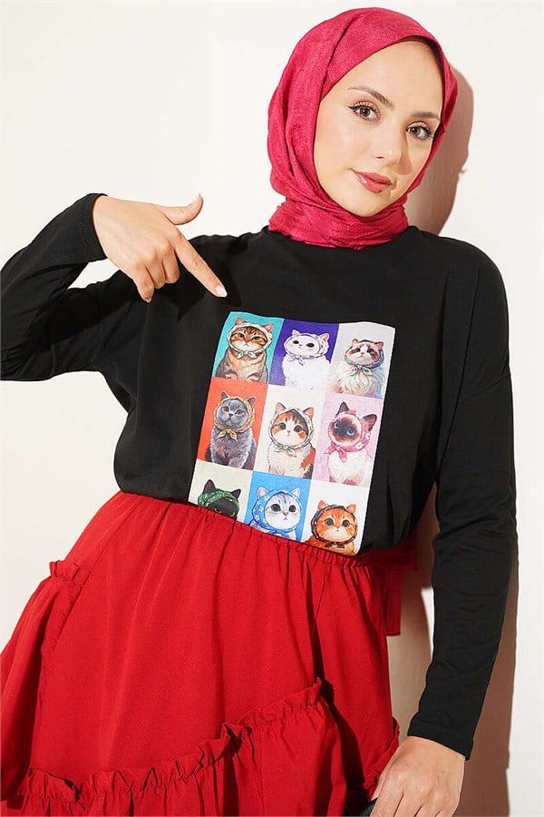 Cat Print Tunic Black