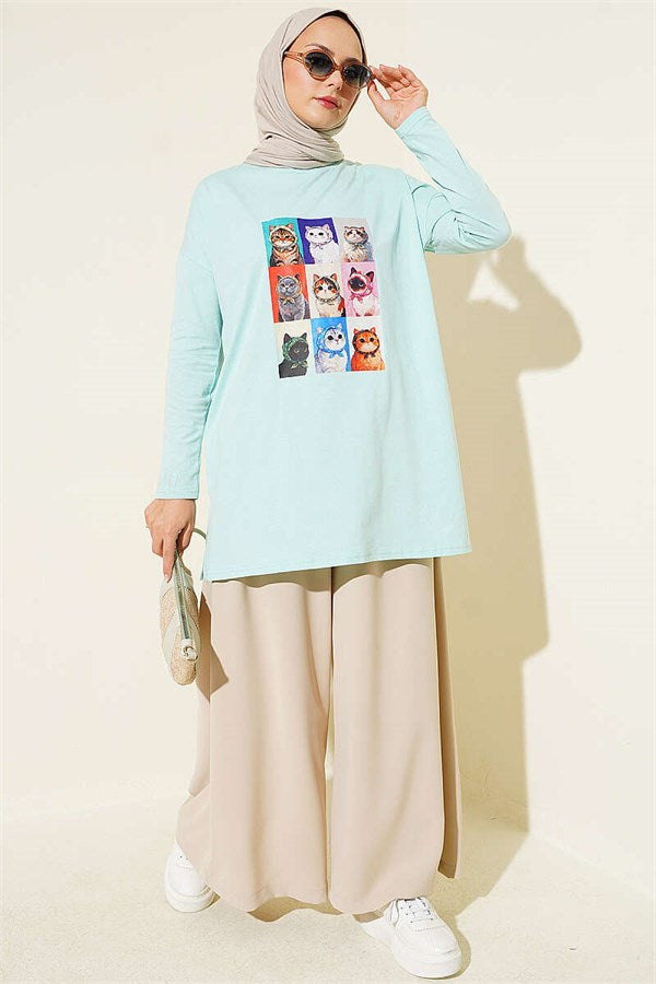 Cat Print Tunic, Aqua Green