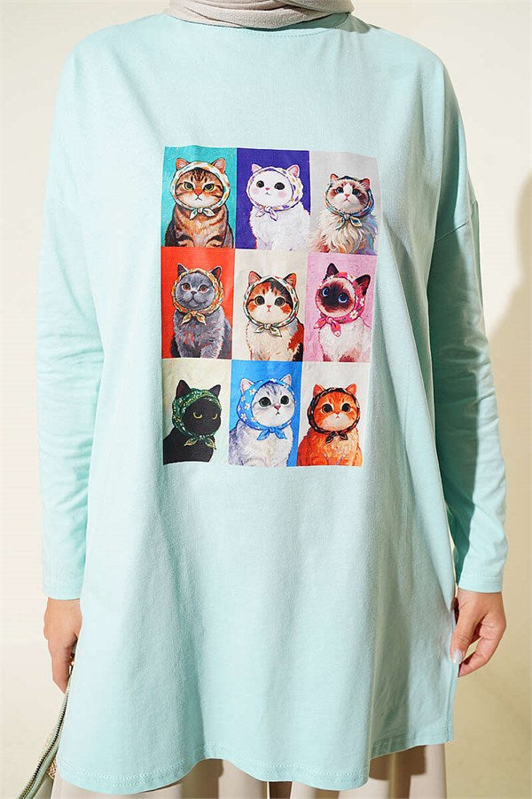 Cat Print Tunic, Aqua Green