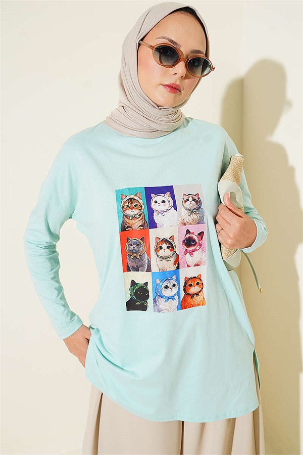 Cat Print Tunic, Aqua Green