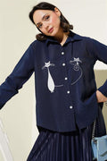 Cat Embroidered Shirt Navy Blue