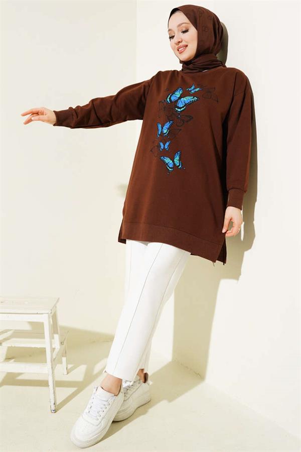 Butterfly Printed Two Thread Tunic Brown