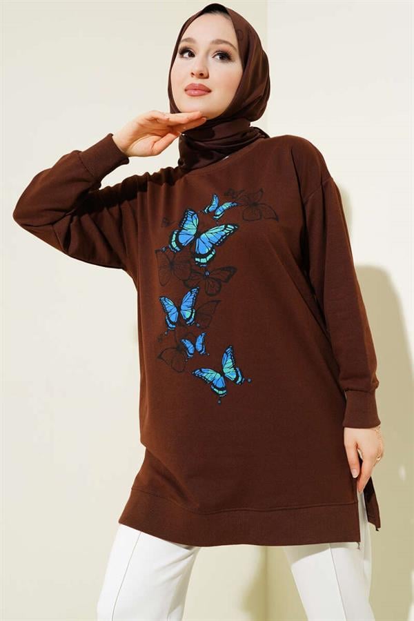 Butterfly Printed Two Thread Tunic Brown