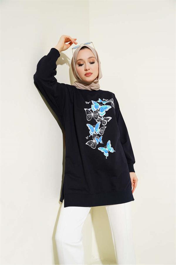 Butterfly Printed Double Yarn Tunic Navy Blue
