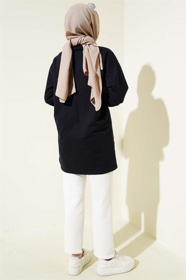 Butterfly Printed Double Yarn Tunic Navy Blue