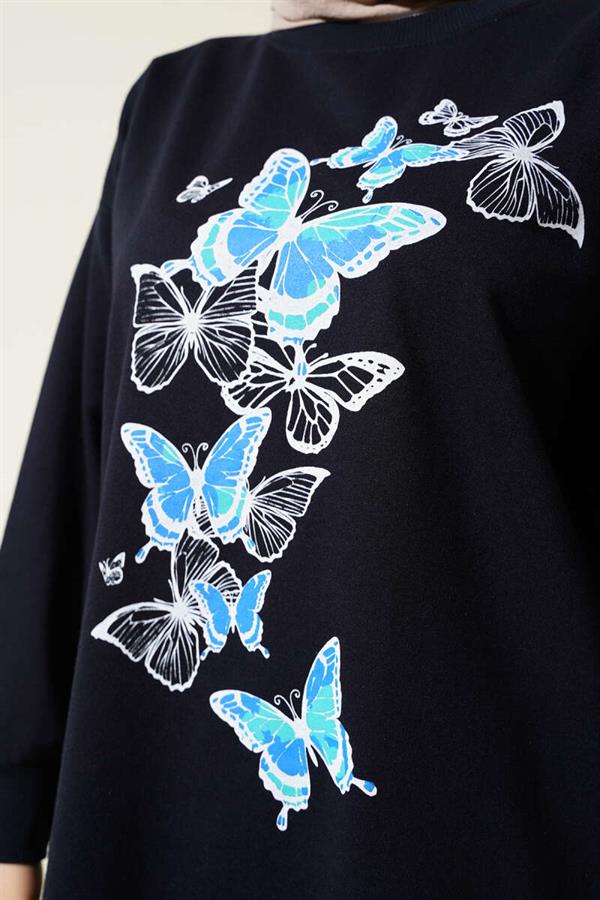Butterfly Printed Double Yarn Tunic Navy Blue