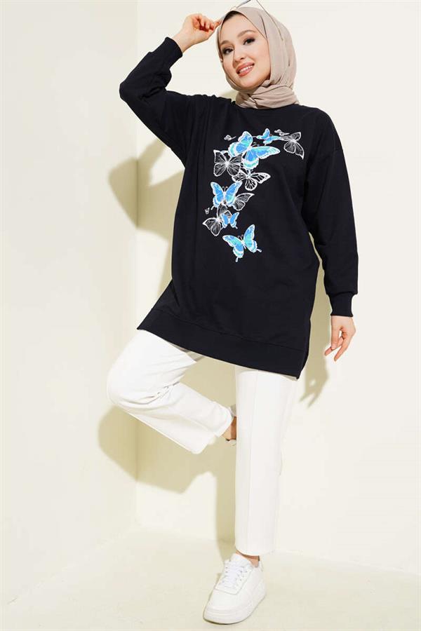 Butterfly Printed Double Yarn Tunic Navy Blue