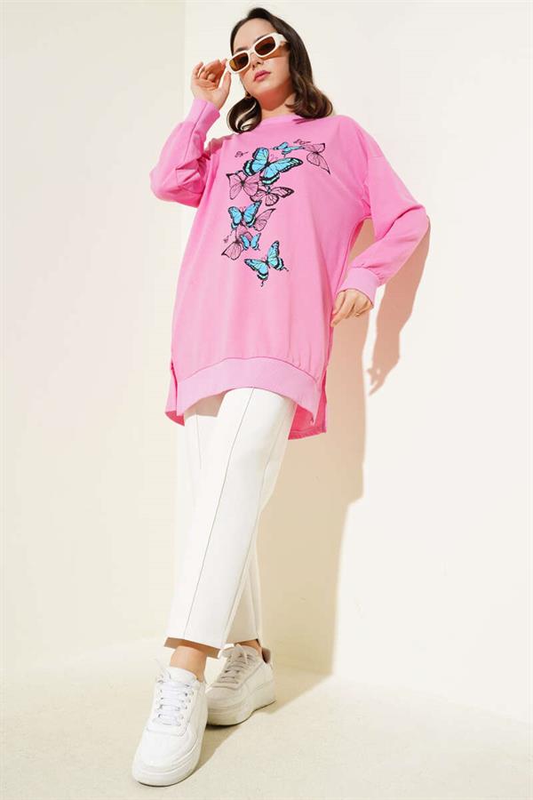Butterfly Print Two-Thread Tunic Pink