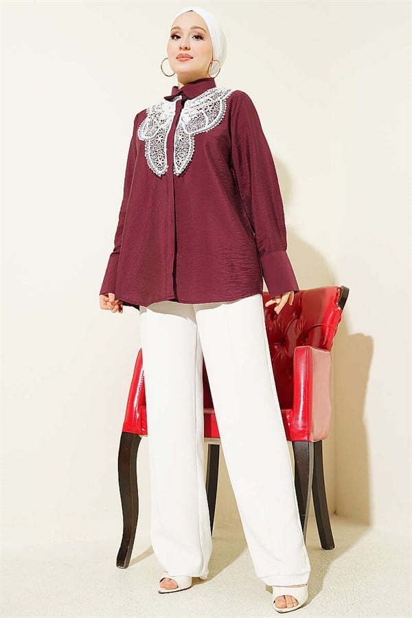 Butterfly Lace Detail Shirt Burgundy