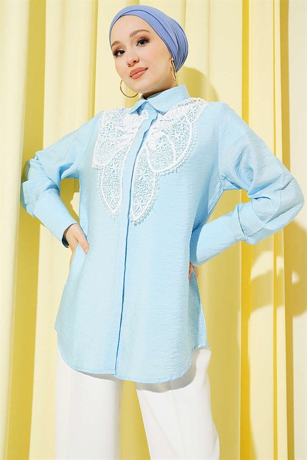 Butterfly Lace Detail Shirt Ice Blue