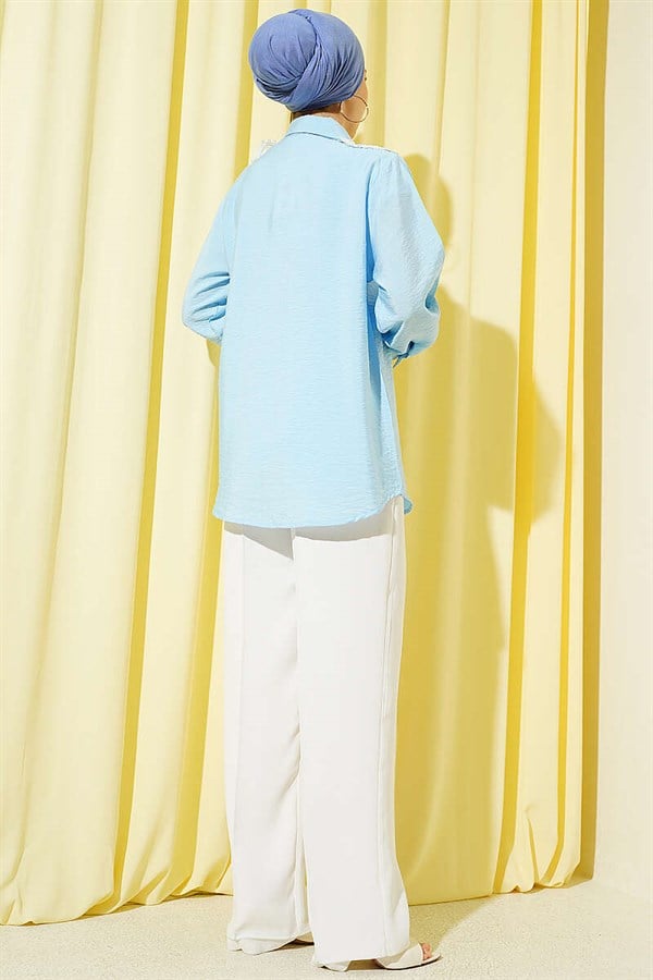 Butterfly Lace Detail Shirt Ice Blue