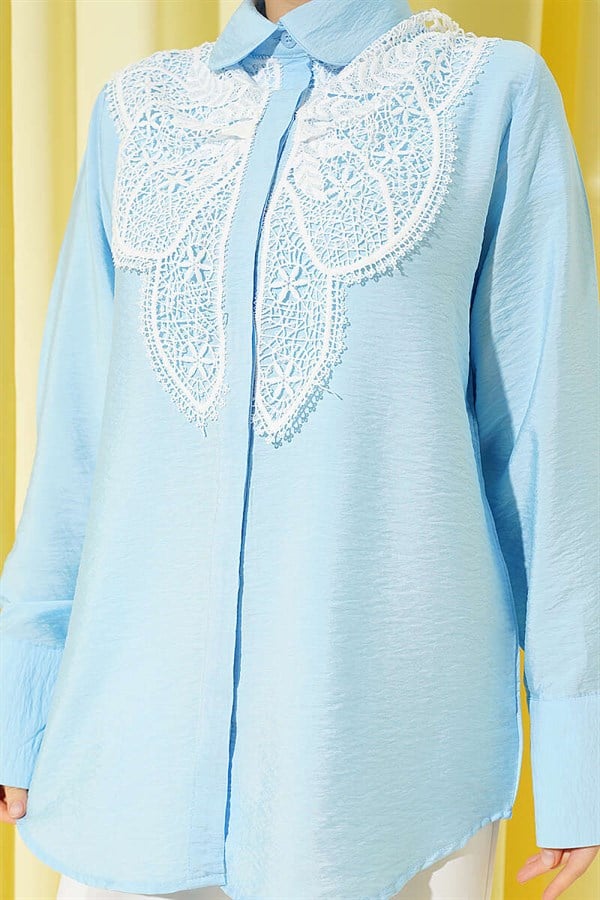 Butterfly Lace Detail Shirt Ice Blue