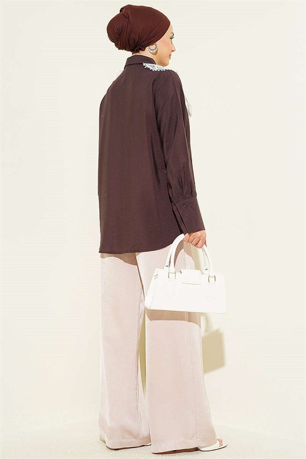 Butterfly Lace Detail Shirt Coffee