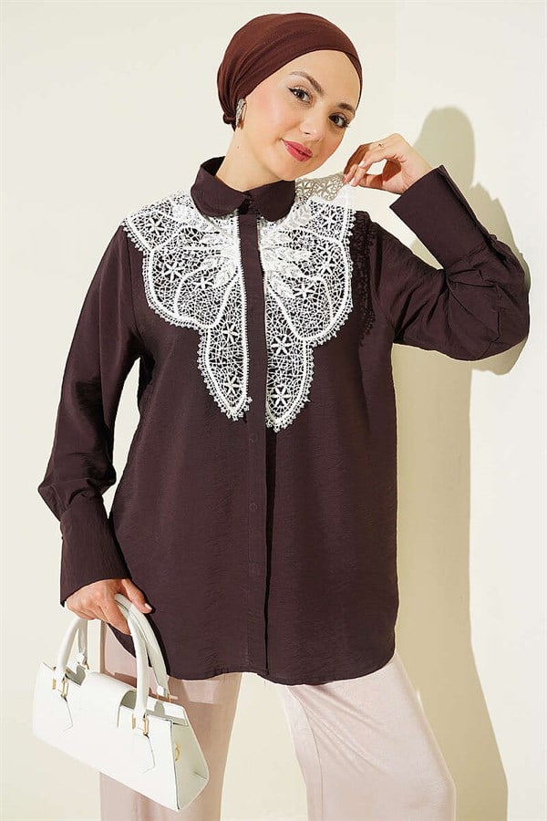 Butterfly Lace Detail Shirt Coffee