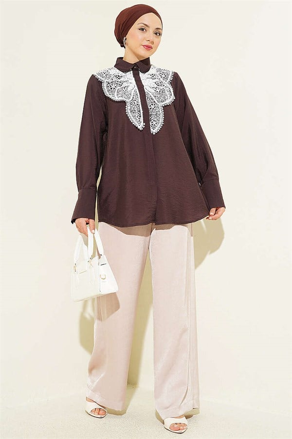 Butterfly Lace Detail Shirt Coffee