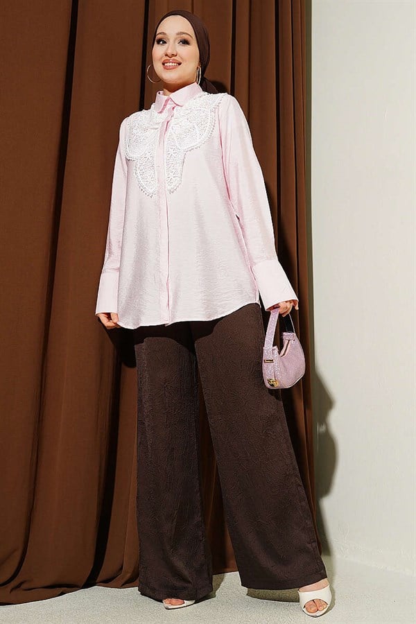 Pink Shirt with Butterfly Lace Detail